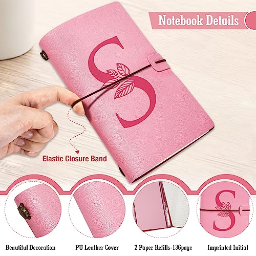 Personalized Journal Gift-Pink Initial Leather Journal+Heart Diamond Pen Set,Travel Notebook Diary Gifts,Refillable Notepads,Christmas,Birthday Gifts for Women Girls (7.9"x4.7") (S) - style: S