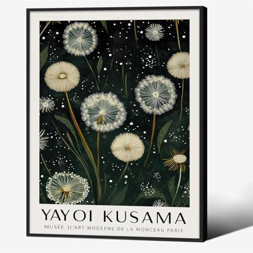 Japanese Green Botanical Flower Poster Vintage Nature Dandelion Wall Art 08x10 inch Black Framed Yayoi Kusama Canvas Prints for Living Room Wall Decor - color: Trendy 2-BFramed, size: 10"L x 8"W