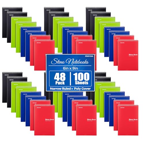 Mintra Office Steno Books Set - Top-Spiral Bound, Narrow Ruled, White Sheets, Poly Primary Color Covered Notebooks for Office, Professional, School & Work, Note-taking, Writing Pads, 6"x9", 48 Pack - color: Poly Primary Covers 8pk, size: 48pk Case (6-8pks