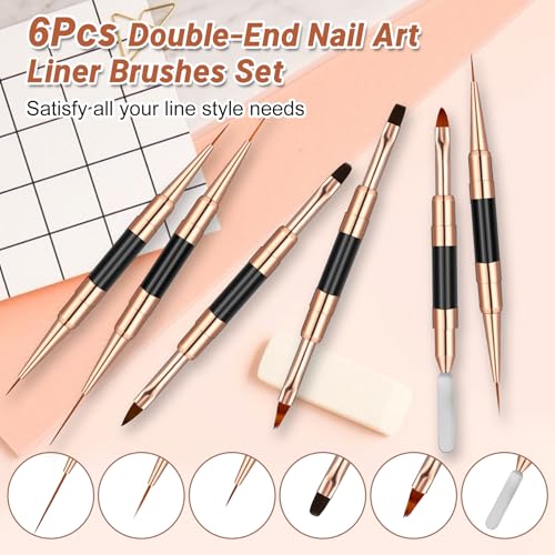 Double-Ended Acrylic Nail Art Liner Brushes, 6Pcs Gel Polish Nail Art Design Pen Painting Tools Set For Nails, Dotting Drawing Tool Polygel Brush for Long Lines, Thin Details, Fine Drawing (Black) - color: Black