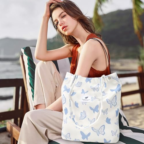 Ayieyill Corduroy Tote Bag for Women Canvas Shoulder Cord Purse with Inner Pocket - color: Blue/Butterfly