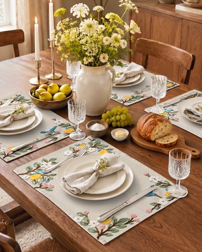 Embroidered Placemats Set of 6-13"x 18" 6PCS Embroidered Rustic Washable Fabric Place Mats Farmhouse Boho Dining Table Mats Dinner Placemats, Lemon Bird - color: Lemon Bird