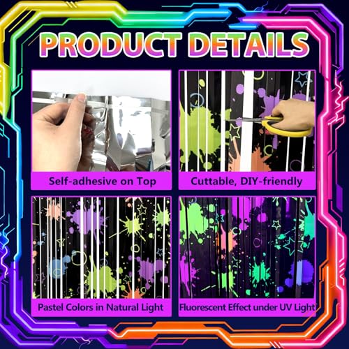 OQOQ Neon Party Decorations Tinsel Curtains Backdrop 2 Pack, 3.3x8.2ft XL - color: Neon Splatter