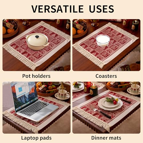 Christmas Placemats Set of 4, 14x18 Inch Heat Resistant Dinner Mats - color: Red Sds