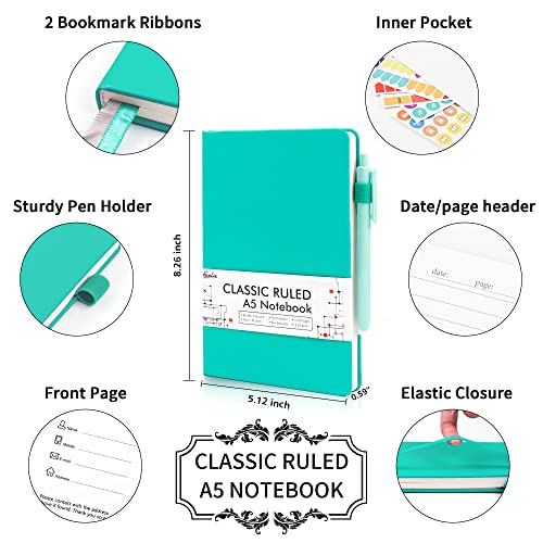 feela 12 Pack Notebooks Journals Bulk, Hardcover Notebook Classic Ruled Lined Journals with Pen Holder for Women Girls School Business Supplies, with 12 Black Pens, 120 GSM, 5.1”x8.3”, A5, Aqua - color: 12 Aqua