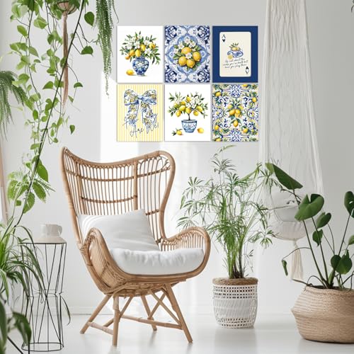 LUKIPOM Chinoiserie Lemon Summer Wall Art Posters 8x10in Set of 6,Amalfi Coast Grandmillennial Home Decor,Blue and White Porcelain Lemon Tree Prints Artwork for Kitchen Wall Decor, Unframed - color: Color 017