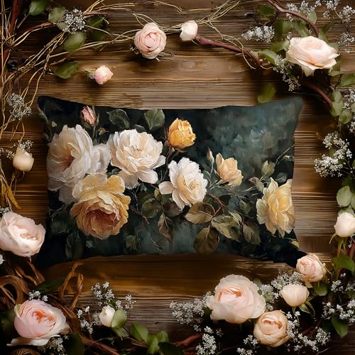 Vintage Spring Summer Dark Green Floral Pillow Covers 12x20 Double-Sided,Rustic Farmhouse Easter Wildflower Flower Botanical Decorative Throw Pillow Covers for Home Bedroom Living Room - color: Floral-15, size: 20" x 12" (Pack of 1)