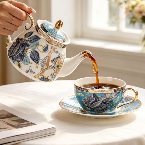 KAMMAK Tea for One Set, Ceramic Teapot, Bone China Tea Set, Cup and Saucer - color: Blue-GH05