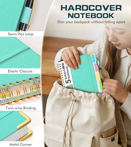 5 Subject Spiral Notebook Journal with Removable Dividers Tabs, 300 Pages Organizer Notebooks for Work School, A5 Hardcover Leather Notebook College Ruled, Lined Journal for Women Men，Aqure - color: Aqure, size: A5