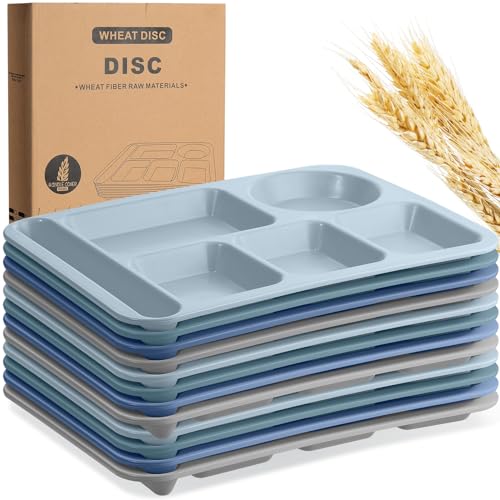Pinkunn 12 Pcs 14'' Large Divided Plates Unbreakable Wheat Straw Lunch Trays 6 Compartments Cafeteria Trays Microwave Dishwasher Safe Food Separator Plates (Cool Color) - color: Cool Color