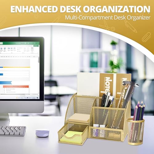 Flexzion Metal Mesh Desk Organizer with Drawer, 6 Compartments, Rose Gold - color: Metallic Rose Gold