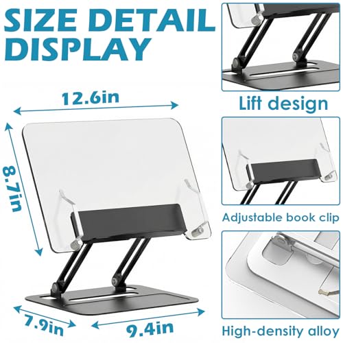 Acrylic Adjustable Book Stand, Reading Stand with Lift Design, High-Density Alloy Desktop Document Holder for Document Recipe, Cookbook, Music Book (Black) - color: Black