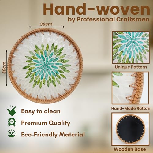 Round Rattan Tray with Mother of Pearl Inlay (12 Inches) | Decorative Round Serving Tray with Wooden Base | Coffee Table Decor | Natural Wicker Trays for Centerpiece, Ottoman, Kitchen & Home Decor