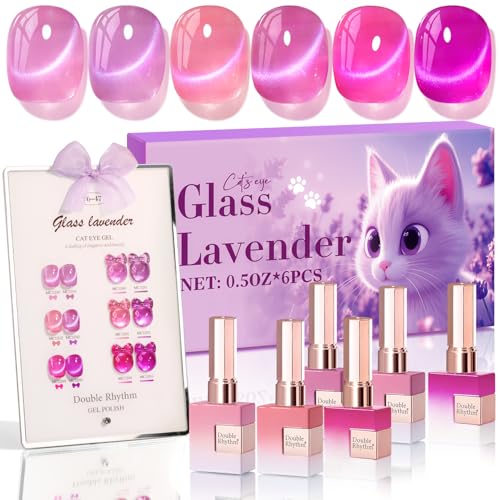 Double Rhythm Cat Eye Gel Nail Polish Set of 6 Same Color Same Bottle 0.5 Oz Shimmer Glitter with Magnet Holographic Reflective Magnetic UV Polish Kit at Home (Glass Purple Lavender -T6-47) - color: Glass Lavender