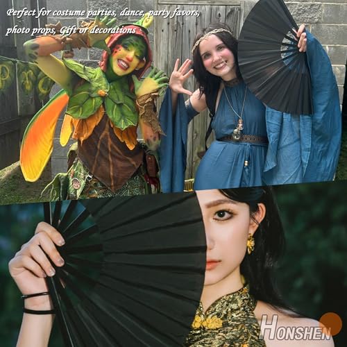 Large Folding Hand Rave Fan for Men Women Dance Gift, Bamboo Nylon-Cloth Black Hand Fan 13 inch (Black Bamboo) - color: Black Bamboo