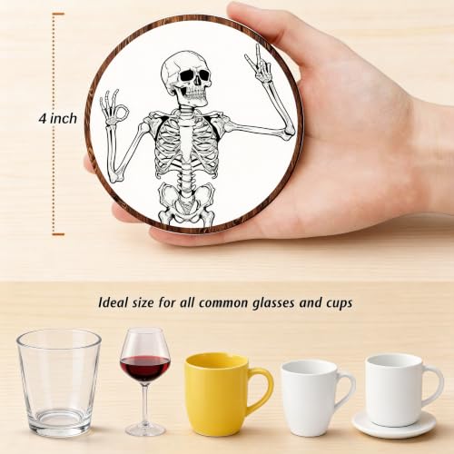 Nikyi 6 Pcs Skull Halloween Ceramic Coasters, Round Absorbent Drink Coaster with Metal Holder and Cork Base, Gothic Skeleton White Black Coaster for Coffee Table Kitchen Office Home Decor Gifts - color: Gothic Skull