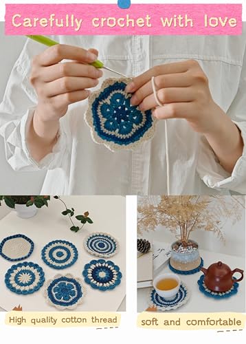 Handmade Crochet Floral Coaster, Absorbent Blue Coaster, 3.9 inches