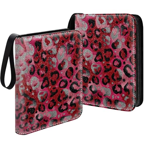 Card Binder 400 Pockets, 50 Sleeves Large Binder Trading Cards Holder 4 Pocket, Storage Organizer, Album Folder Case Protector Collector Gift Red Leopard Glitter - color: Red Leopard Glitter, size: 4 Pocket