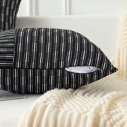 Kevin Textile Ink Black and Beige Patchwork Farmhouse Throw Pillow Covers 18 x 18 Inch, Pack of 2 Striped Linen Decorative Pillow Case for Sofa Couch Chair Bedroom Modern Decor - color: Black, size: 18" x 18" (Pack of 2)