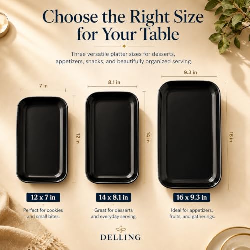 DELLING Large Serving Platter Set of 3, 16/14/12 Inch Porcelain Serving Trays for Party - Black Ceramic Rectangular Platters for Entertaining,Platter for Thanksgiving Christmas, Dishwasher Oven Safe - color: Black, size: 16 x 9.5 inch, 14 x 8.1 inch, 12 x