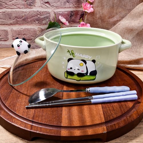 Ceramic Soup Bowl with Lid, Handles, Chopsticks and Spoon, 6'' Ramen Bowl - color: Green