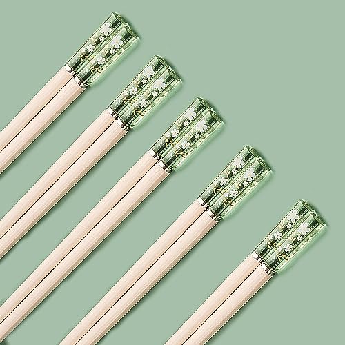 5 Pairs of Cherry Blossom Pattern Chopsticks - Japanese/Korean Style, Reusable, Dishwasher Safe, Lightweight Fiberglass (Green) - size: Green