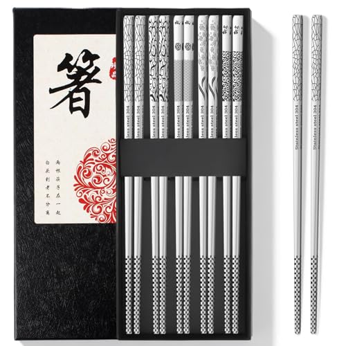 Reusable Metal Chopsticks, 304 Stainless Steel, 5 Pairs, 9.25 Inches