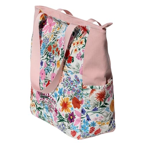 ESVAN Original Floral Water Resistant Large Tote Bag Shoulder Bag for Gym Beach Travel Daily Bags Upgraded - color: Corduroy Pink Flower