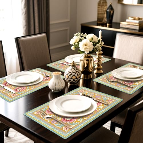 Peacoblue Placemats Set of 4,Faux Leather Vintage Flowers Design - style: Vintage Flowers