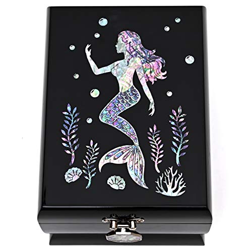 MADDesign Mother of Pearl Jewelry Box Two Levels Removable Ring Tray Mermaid (Black)