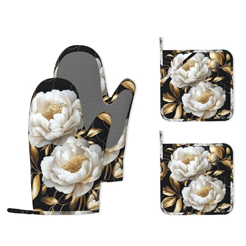 White Flowers Oven Mitts and Pot Holders (4PCS),Glitter Blooming Heat Resistant Non-Slip Silicone Kitchen Gloves for Cooking, Baking, BBQ Waterproof Kitchen Accessories - color: White Flowers Glitter Blooming