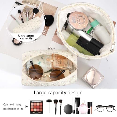 EIMMBD Makeup Bag 3 Pieces Large Capacity Checkered Cosmetic Bag Travel Toiletry Bag Organizer Cute Makeup Bag Pouch Storage Bag for Women(Beige Floral) - color: Beige Floral