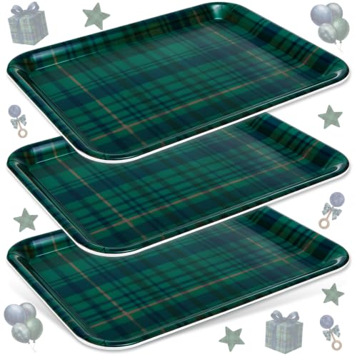 JarThenaAMCS 3Pcs Green Blue Tartan Plaid Serving Trays Vintage Plaid Reusable Serving Dishes Melamine Platter for Christmas Birthday Baby Shower Party Sharing Food Supplies - style: Green Blue Plaid