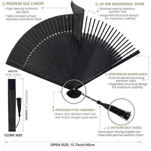 Japanese Folding Hand Fan for Women - Bamboo Silk Handheld Foldable Fan with Tassel & Pouch for Hot Flashes, Rave, Church, Gift,Wedding - Whisper-Quiet, Purse Size (Black) - color: Black