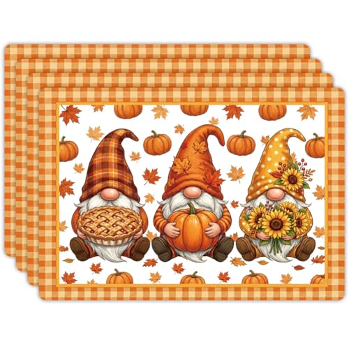 Peacoblue Placemats Set of 4,Faux Leather Fall Gnome Design - style: Fall Gnome
