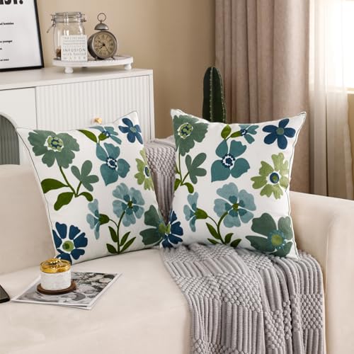 Embroidered Throw Pillow Covers 18x18 inch Pack of 2 Blue Blossoms - color: Blue Blossoms
