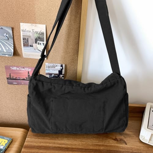 Messenger Bag for Women Men Satchel Bag Canvas Crossbody Shoulder Bag Casual Sling Bag - color: Black