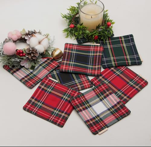 RUTH&BOAZ Traditional Scottish Tartan Plaid Fabric Coasters | for Christmas Parties | Set of 6 | 4”Square (White)