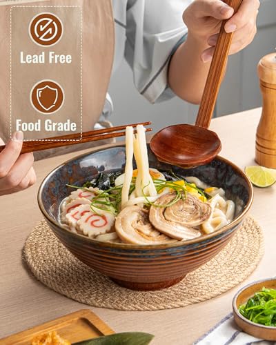 8 Inch 40oz Large Japanese Ramen Bowl Set of 2,Material Safety Ceramic Ramen Bowls with Matching Chopsticks and Spoons, Pho Bowls Ramen Noodle Bowl for Asian Udon Soup Salad Cereal(Peacock Tail) - color: Peacock Tail