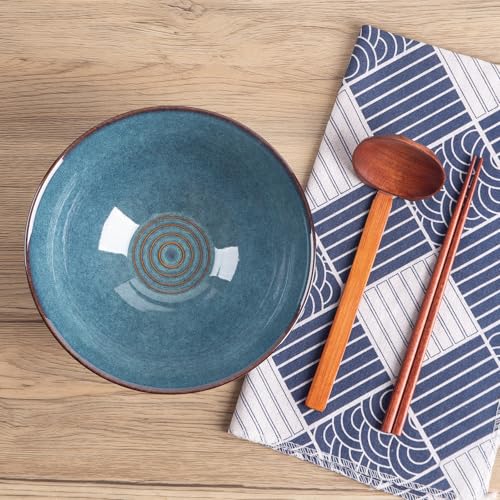 40oz Japanese Ceramic Ramen Bowl Set of 2 with Chopsticks and Spoons for Pho Udon Asian Soup Noodles (Blue Glaze) - color: Blue Glaze