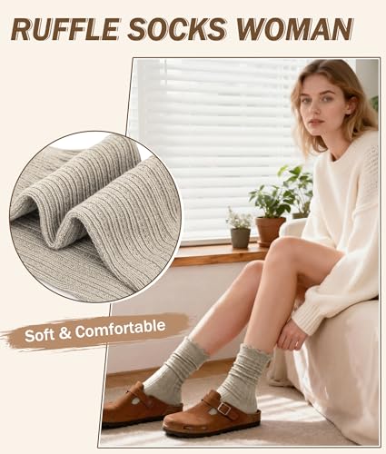 Justay 6 Pairs Ruffle Socks Women, Crew Cotton Frilly Boot Socks - color: Blue Black Brown Khaki Dark Grey Light Grey