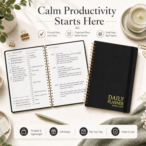 Daily Planner with Hourly Schedules, 5.5" x 8.5" - Black - color: a.Black