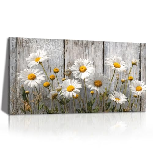 KZKU Rustic Daisy Canvas Wall Art-White Flowers on Weathered Wood Background-Large Modern Farmhouse Decor for Living Room Bedroom 24X48in - color: grey, size: 48"L x 24"W