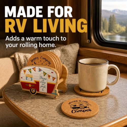 Unique Happy Camper RV Coasters Set of 4 with Holder - color: New Red