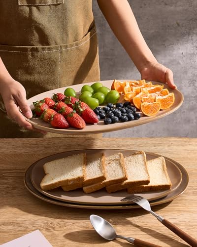 famiware Serving Platter, Oval 15.59/14.3/12.9 inch Serving Dishes for Entertaining, Serving Bowls, Microwave Safe, Stonware Serving Trays for Party, Turkey, Cheese, Ocean Series, Cinnamon Brown - color: Cinnamon Brown