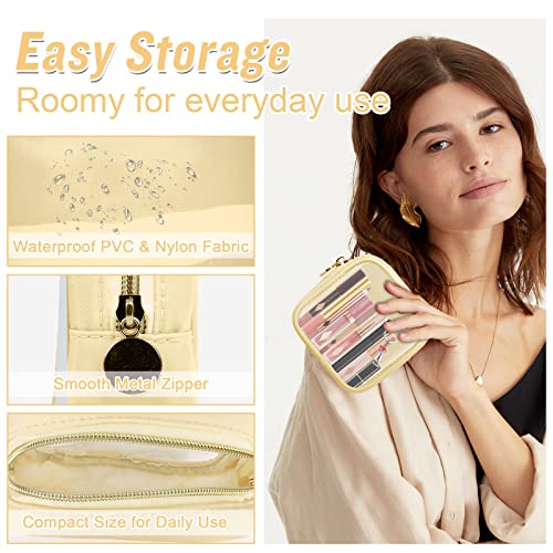 Mini Clear Travel Makeup Organizer Bag for Purse, Small Cute Makeup Bag Preppy Cosmetic Zipper Pouch Purse, Transparent PVC & Nylon Waterproof Coin Pouch Sanitary Napkin Storage Bag for Women(Beige) - color: Beige-Clear, size: Mini