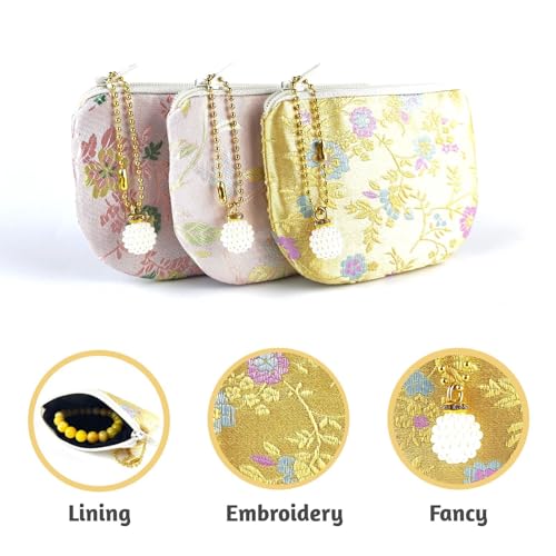 Handmade Women Coin Purse Brocade Zipper Wallet Rosary Pouch Silk Jewelry Bag - Gold - color: Gold