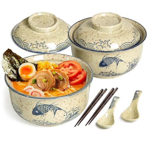Ceramic Ramen Bowl Set of 2, Ramen Noodle Bowl with Lid 27oz Japanese Retro Style Soup, Pho, Udon Bowls, Matching Spoons and Chopsticks for Microwave & Dishwasher Safe, Fish - color: Fish, size: 2 Pcs