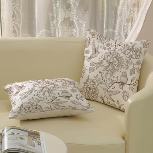 Chinoiserie Pillow Covers 18x18 Pack of 2 Brown Birds Floral Throw Pillow Covers Outdoor Decor Vintage Spring Summer Flower Pillowcase Farmhouse Decorative Square Cushion Case for Couch Sofa - color: Brown Flower Bird 3, size: 18" x 18" (Pack of 2)