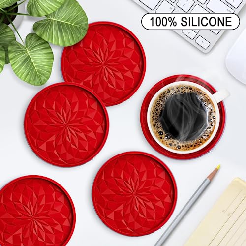 ME.FAN Silicone Coasters with Holder,[6 Pack] Drinking Coasters - Cup Mat for Hot or Cold Drinks, Thickened, Non-Slip, Non-stick,Deep Tray Red - color: Red